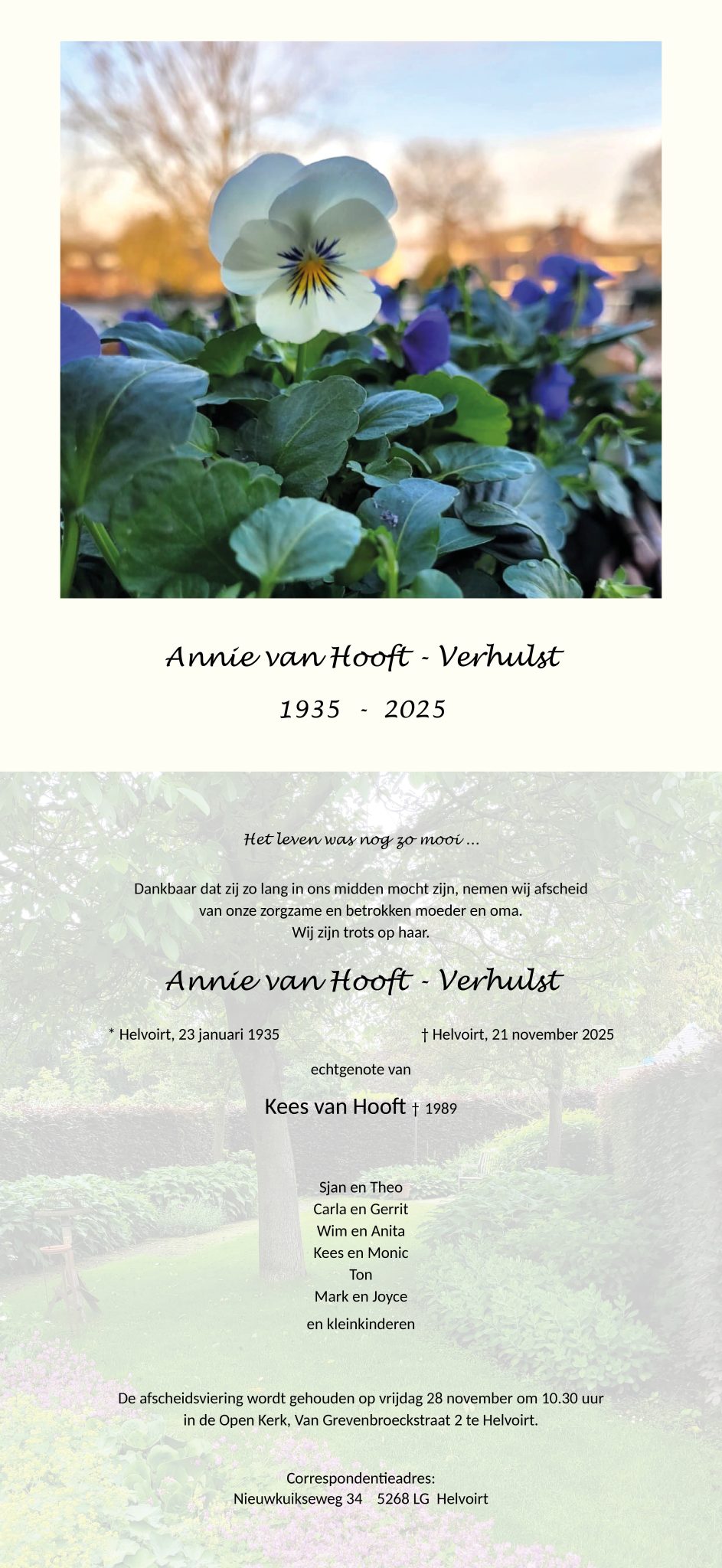 Aangepaste rouwadvertentie Helvoirtnet mw. Van Hooft - Verhulst