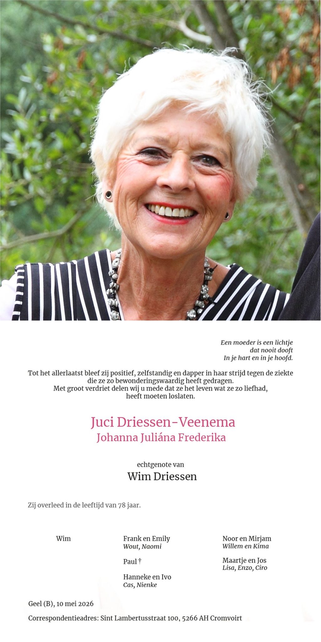 Overlijdensbericht Juci Veenema Driessen