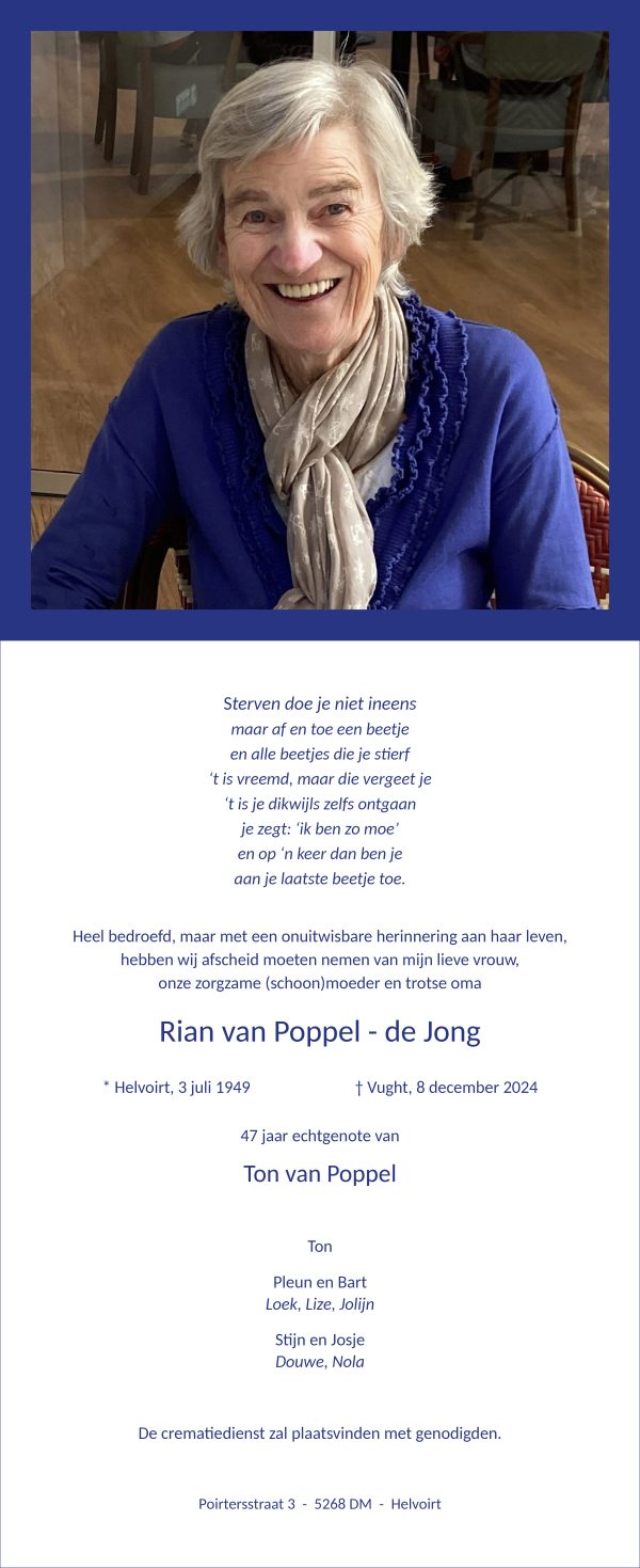 Rouwadvertentie Helvoirtnet mw. Rian van Poppel - de Jong