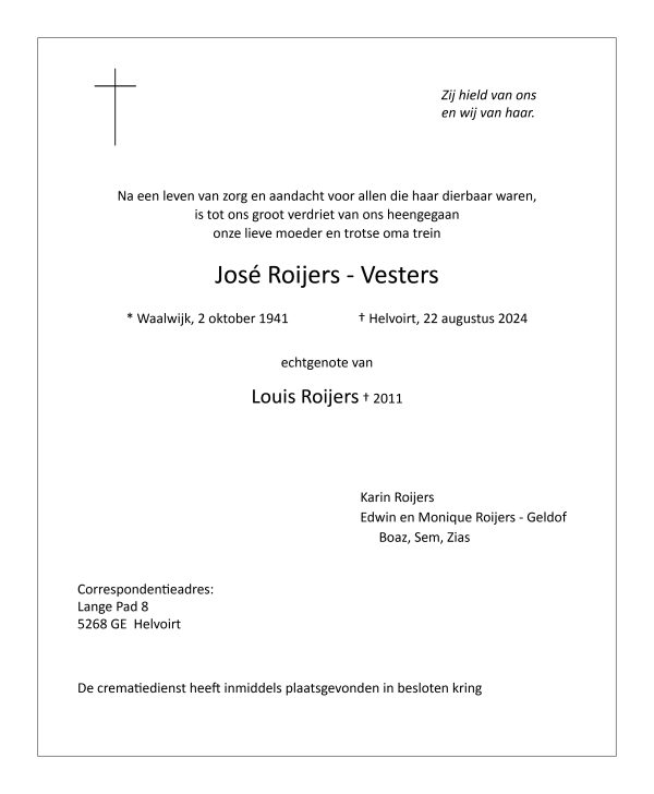 Rouwadvertentie Helvoirtnet mw. Roijers - Vesters