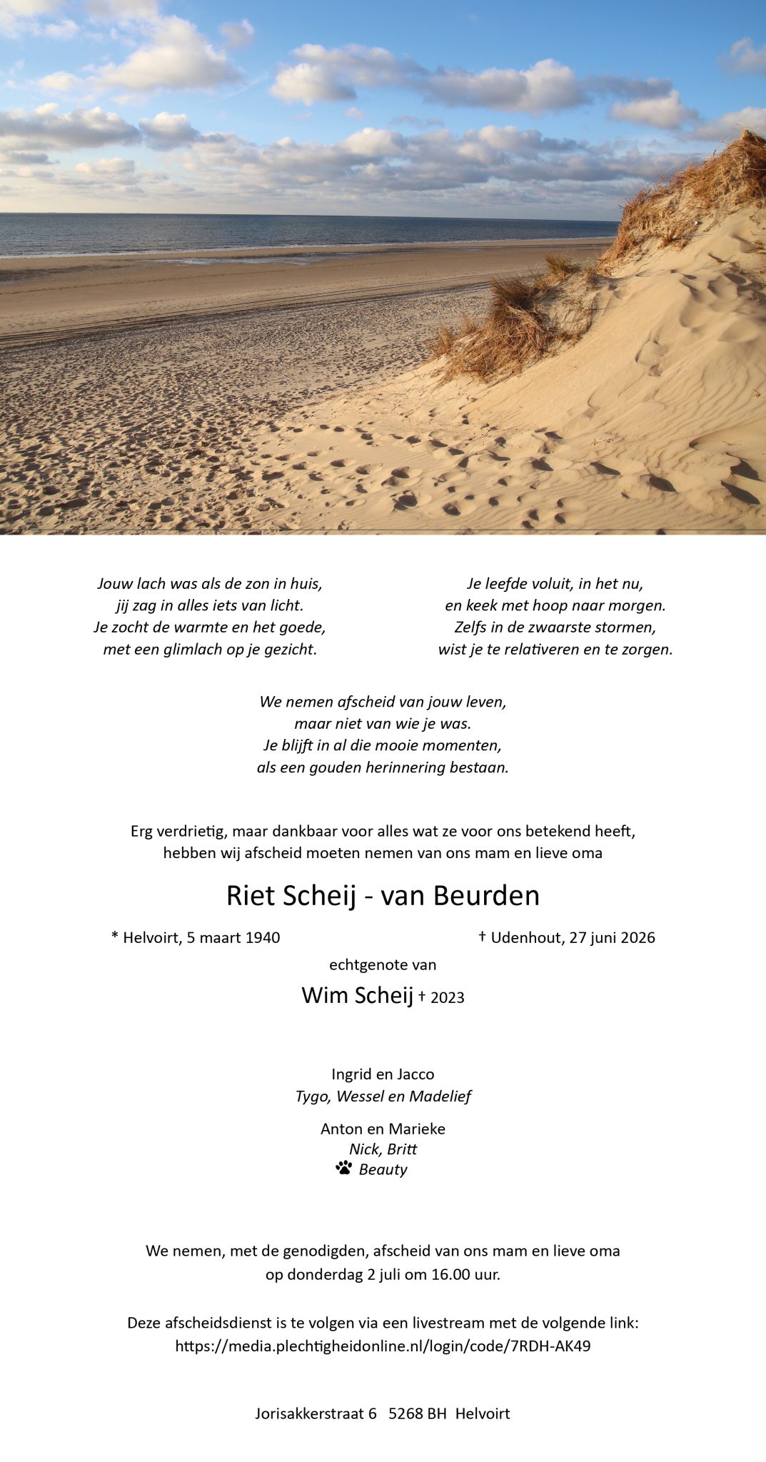Rouwadvertentie Helvoirtnet mw. Scheij - van Beurden