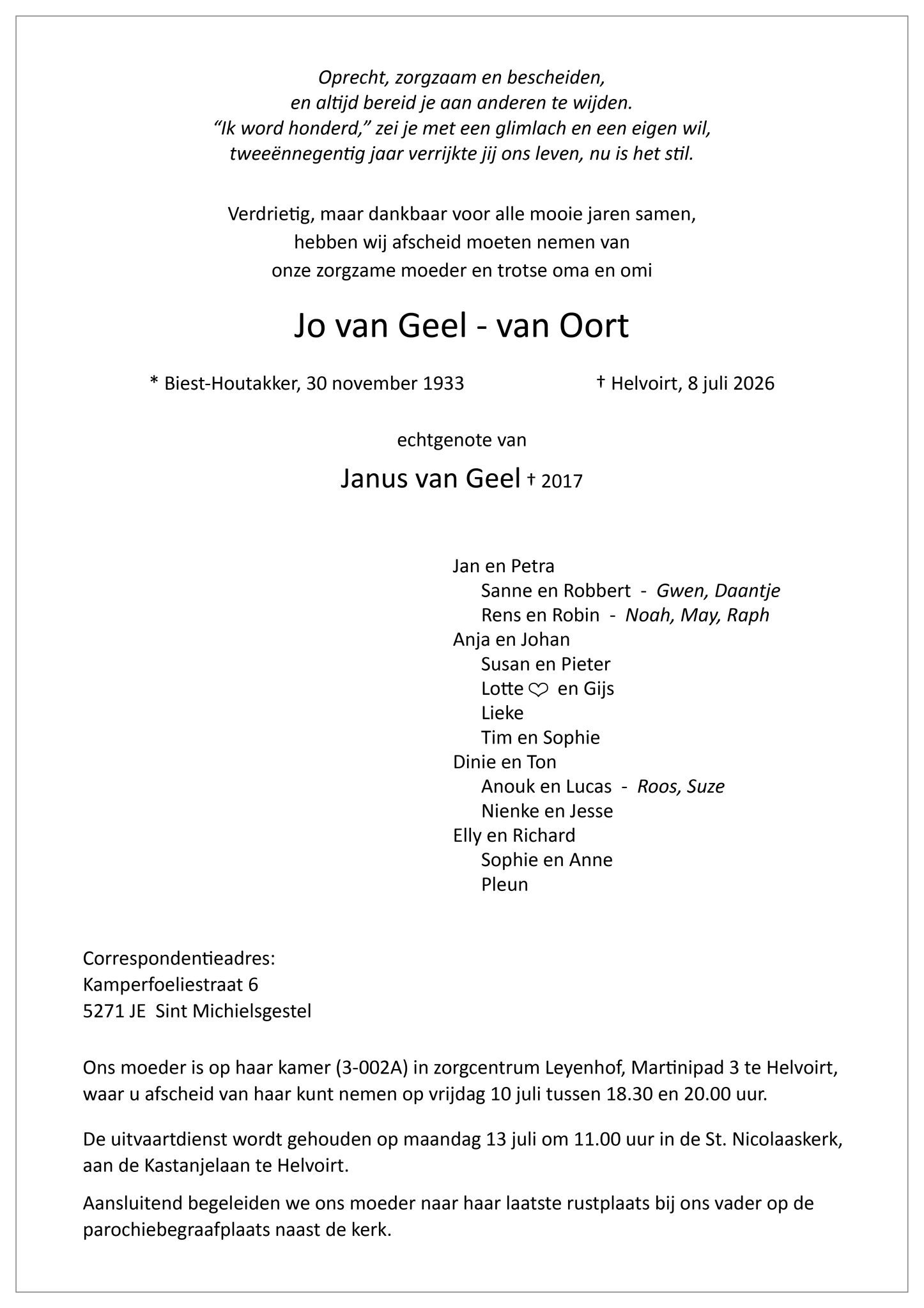 Rouwadvertentie Helvoirtnet mw. Van Geel - Van Oord