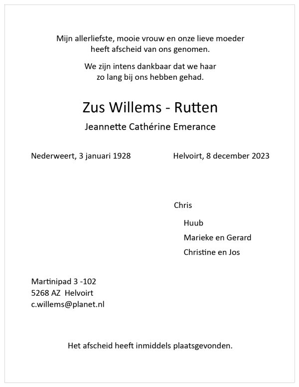 Rouwadvertentie Helvoirtnet mw. Willems - Rutten