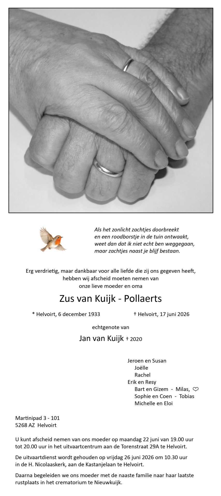 Rouwadvertentie Helvoirtnet mw. Zus van Kuijk - Pollaerts